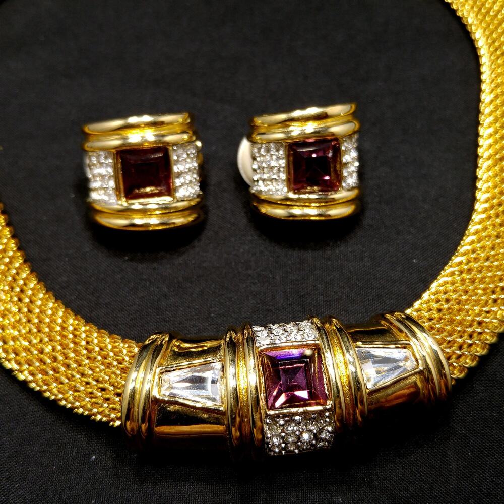 Vintage 1980s Gold Mesh Necklace Purple Rhinestone Earrings Set